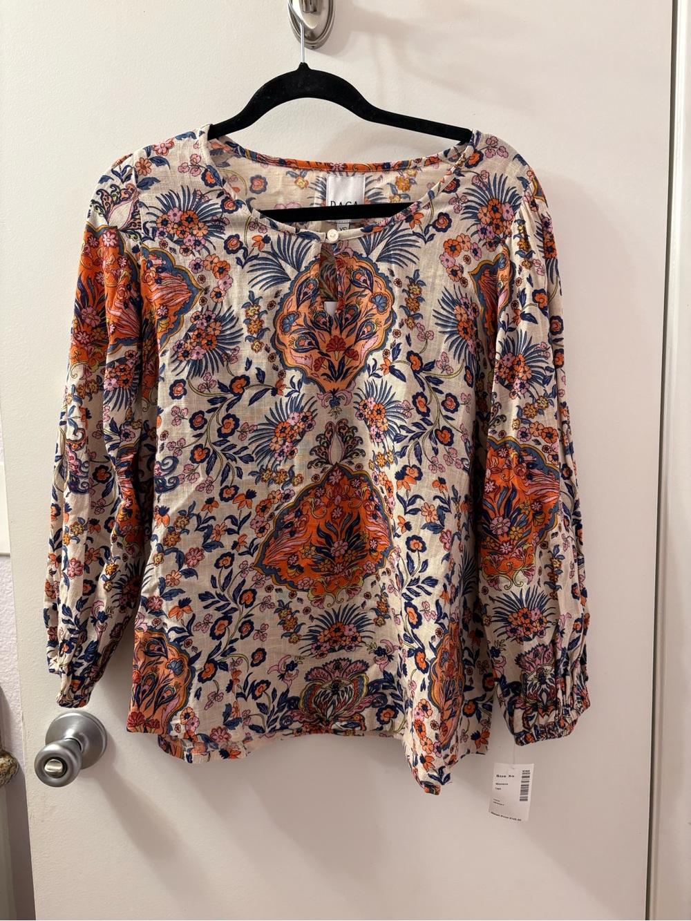 RAGA Cream Blouse with Orange and Navy Paisley Print PTP 22/Length 25